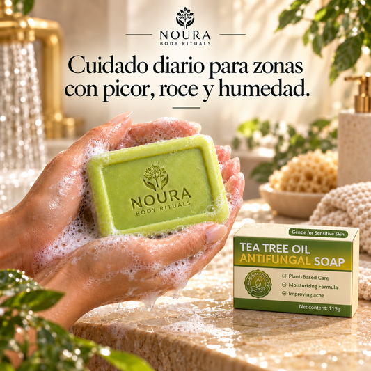 NOURA: cuidado diario para zonas con picor, roce y humedad; jabón en manos con espuma y caja original.
