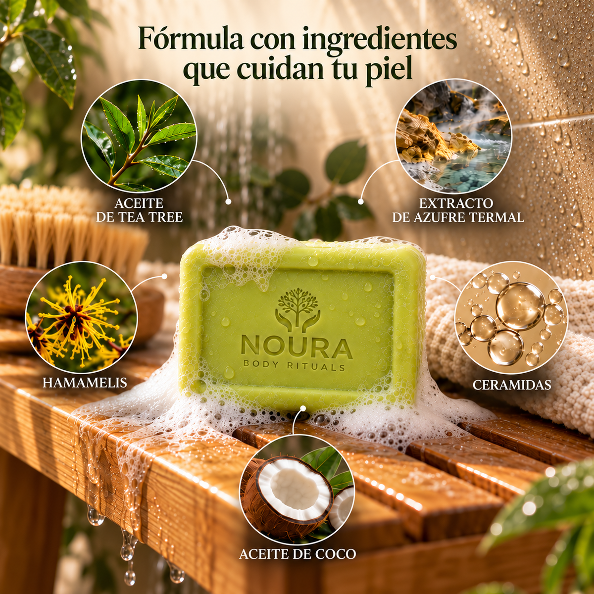 Fórmula con ingredientes que cuidan tu piel: tea tree, hamamelis, extracto de azufre termal, ceramidas y aceite de coco.