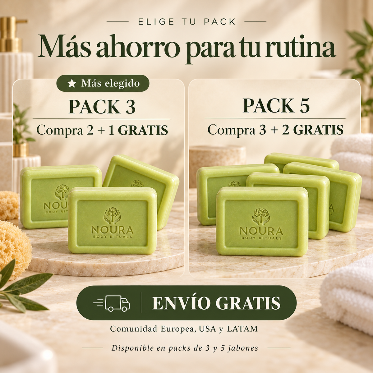 Pack 3: compra 2 y 1 gratis. Pack 5: compra 3 y 2 gratis. Envío gratis para ambos packs.