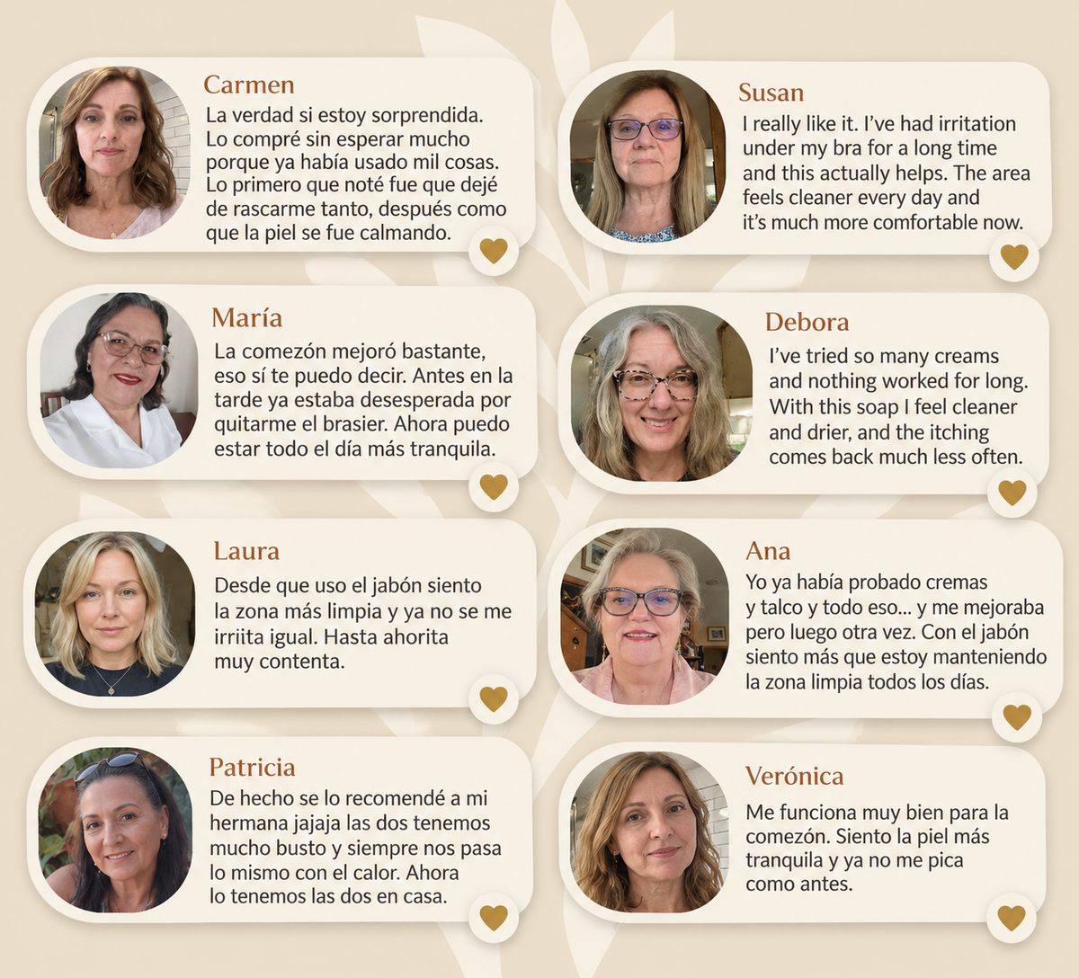 Selección de ocho testimonios sobre el jabón NOURA, con fotografías y comentarios en español e inglés.