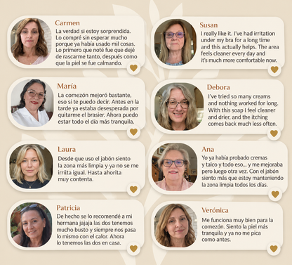 Selección de ocho testimonios sobre el jabón NOURA, con fotografías y comentarios en español e inglés.