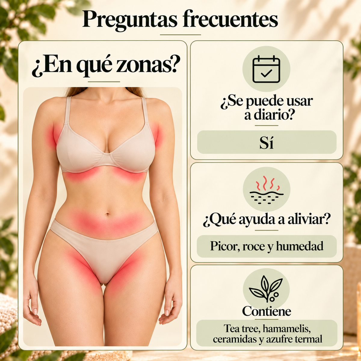 Preguntas frecuentes sobre NOURA: zonas de uso, uso diario, beneficios e ingredientes.